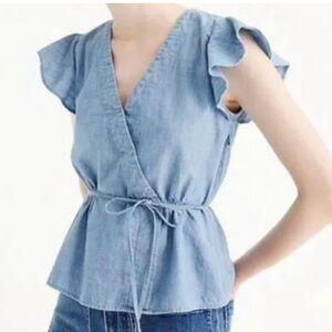 J Crew Cotton Dainty Flutter Sleeve Faux Wrap Peplum Chambray Belted Fairy Top